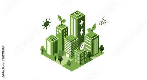 Isometric illustration of a green eco cityscape with renewable technology and innovation concept, featuring buildings, leaves, and insects