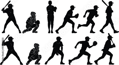 Vector set of black baseball player silhouettes including hitters, catchers, and pitchers in various action poses isolated on a white background for sports design.