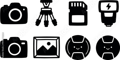 Flat design camera icon set with smiling lens caps tripod sd card flash and framed photo in simple monochrome vector