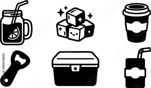 Flat design beverage icon mason jar lemonade cup coffee cup takeaway cup juice box ice cubes bottle opener cooler isolated