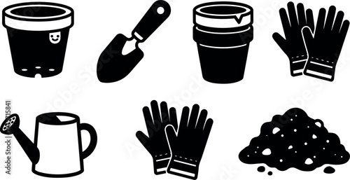 Flat design close up gardening icon set of pots trowel watering can gloves soil arranged on white background simple silhouette