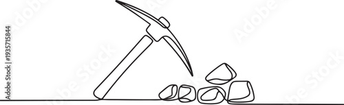 Continuous line drawing miner's pickaxe and gold.one line vector illustration with white background