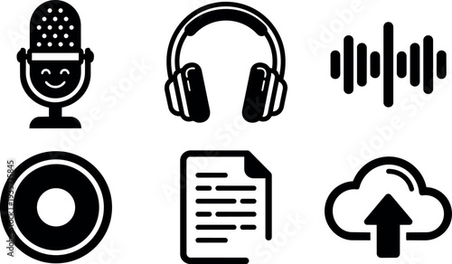 Flat design smiling microphone headphones waveform record file cloud upload icons on white background clean bold stroke vector set interface
