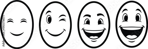 Four cartoon faces with different happy expressions on white background