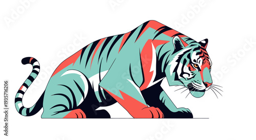 Stylized tiger illustration with geometric shapes and vivid colors