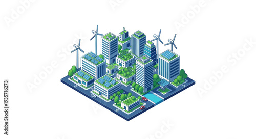 Isometric illustration of a green eco city with renewable technology and wind turbines, showcasing sustainable architecture and innovation in a 3D cityscape design
