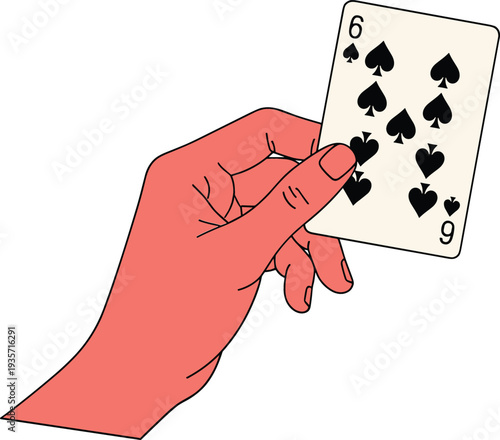 Close up illustration of a hand holding the six of spades playing card for magic casino and gaming concepts