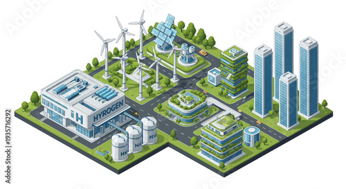 Isometric illustration of a green tech cityscape with renewable energy infrastructure and eco-friendly architecture