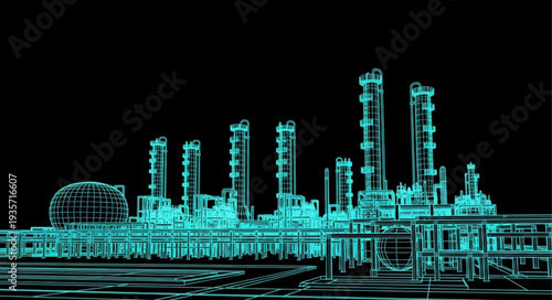 Abstract digital rendering of an industrial chemical plant at night.