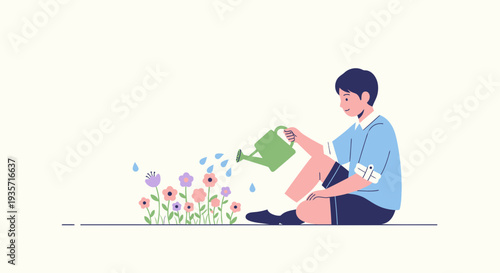 Young Boy Tending To Blooming Flowers With A Watering Can