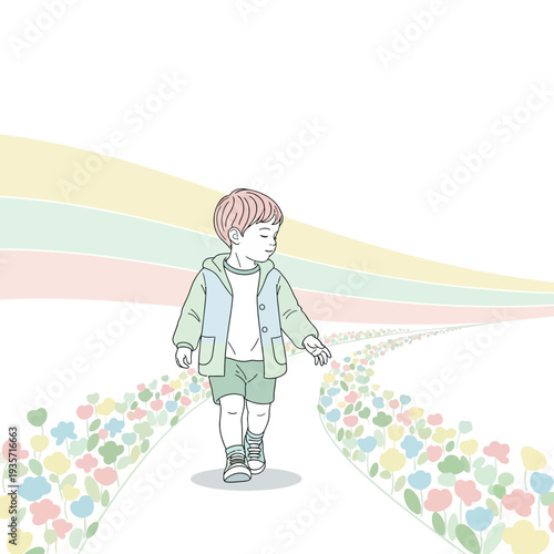 Young Boy Walking on a Path Lined with Colorful Flowers Towards a Brighter Future