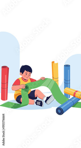 Young Boy Unrolls Long Green Paper For Creative Project And Fun