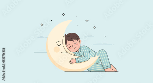 Young Child Sleeping Peacefully Embracing the Moon Character