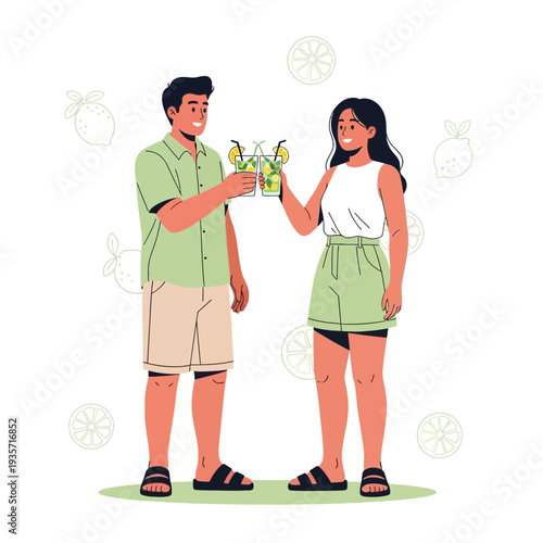 Young Couple Enjoying Refreshing Summer Cocktails Together Outdoors