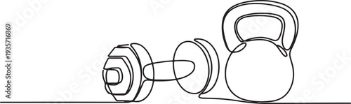 Continuous one line drawing of dumbbell - fitness equipment. Kettlebell ,and dumbbell.one line vector illustration with white background