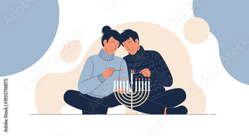 Young Couple Lighting Candles On Menorah During Hanukkah Celebration Warmth And Togetherness
