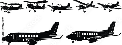 Airplane silhouettes set including small propeller aircraft and passenger jet isolated on white background aviation transport vector illustration
