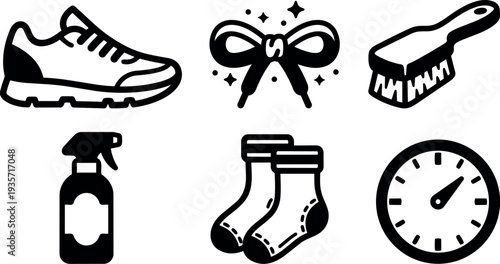 Flat icon set close up casual running shoe tied bow cleaning brush spray bottle cozy socks analog clock minimalist black