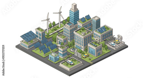 Isometric illustration of a green tech cityscape with renewable energy technology and eco-friendly architecture design
