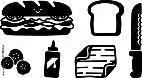 Minimalist flat design sandwich ingredients icons smiling sub with bread slice knife bottle pickles bacon and lettuce close up vector