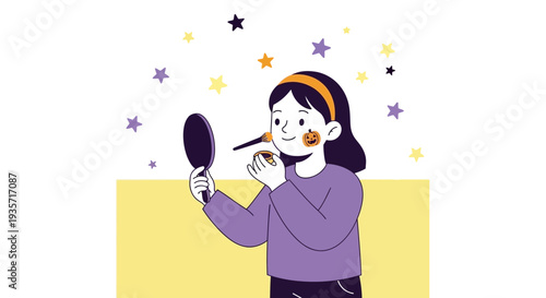 Young Girl Applying Halloween Makeup With A Handheld Mirror And Festive Stars