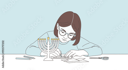 Young Girl Engaged In Festive Crafting With Menorah Supplies