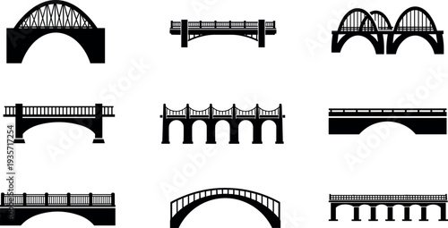 Bridge silhouettes collection with arch stone viaduct and truss bridges, transportation infrastructure structures black icon set flat vector illustration