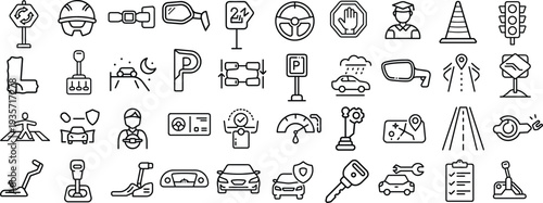 Driving school icons set with various transportation and road signs vehicles and instructor symbols