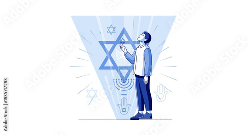 Young Man Gazing Upwards Toward Sacred Jewish Symbols And Enlightenment