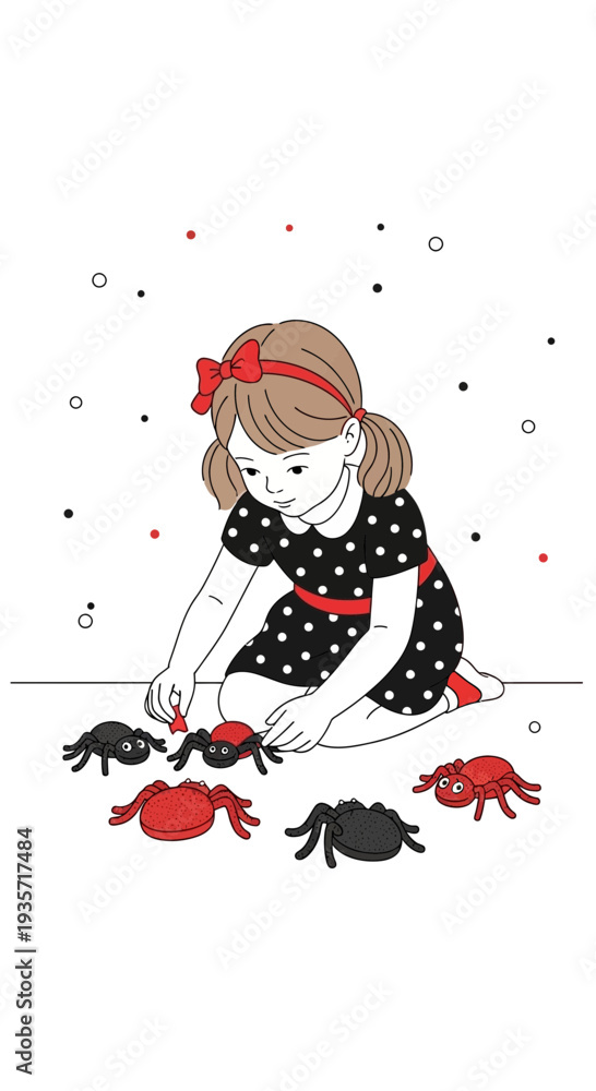 Naklejka premium Young Girl's Playtime: Delighting in Spider Figures and Creating Fun Stories and Imaginative Worlds