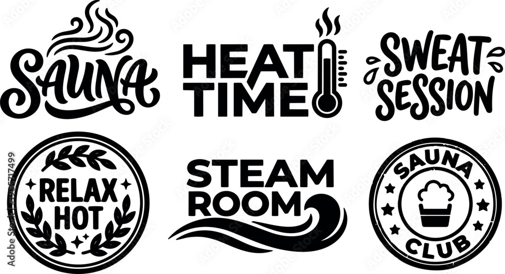 Fototapeta premium Hand lettering sauna badge collection heat time steam room sweat session vector logo set with vintage stamp and modern script
