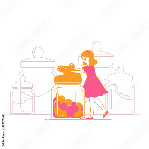 Young Girl Reaching For Sweet Candy In Glass Jar Lifestyle Scene