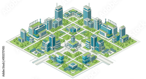 Isometric illustration of a green tech cityscape with modern buildings and eco-friendly architecture on a white background