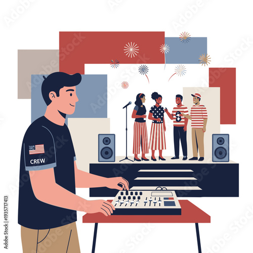 Young Man Operates Soundboard Live Performance Stage Entertainment