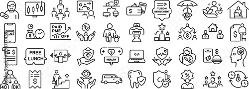 Employee benefits icons set including health insurance retirement plan paid time off and more for hr concepts