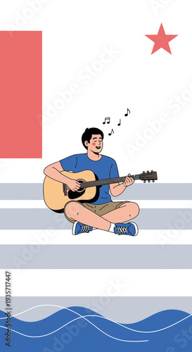 Young Man Playing Guitar And Singing Joyfully Underneath A Star