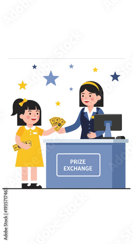 Young Girl Redeeming Prize Tokens at a Counter with Smiling Attendant Displaying Happiness and