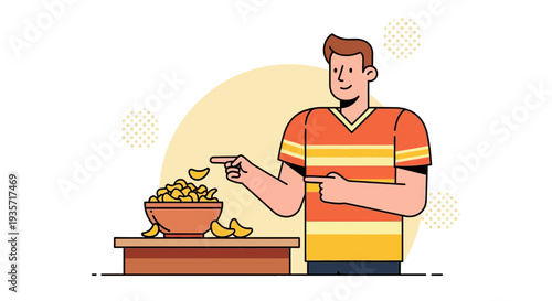 Young Man Pointing Towards Bowl Of Snacks