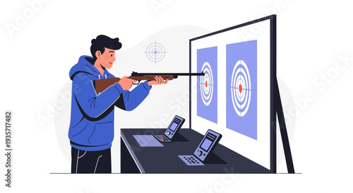 Young Man Practicing Shooting At Target Range With Rifle