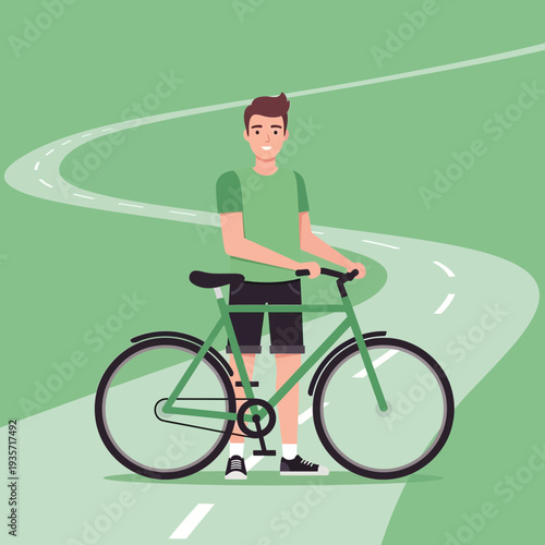 Young Man Posing With His Bicycle Beside Winding Road on a Green Background