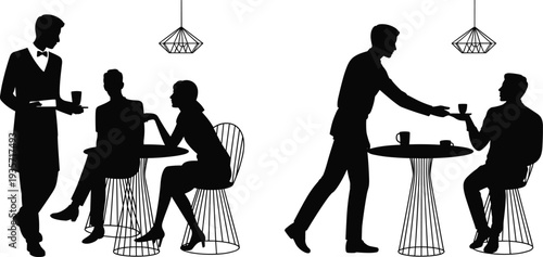 Waiter serving coffee to customers in cafe silhouette restaurant service hospitality people drinking coffee illustration isolated design