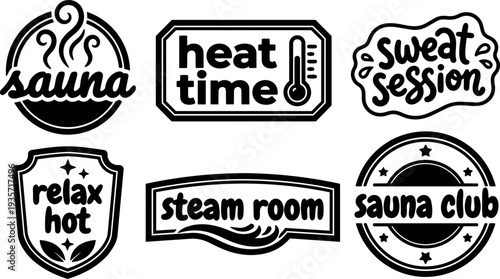 Flat design sauna steam room badge set six monochrome vector labels with rounded script and thermometer icon close up