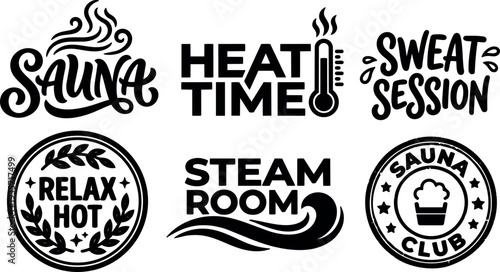 Hand lettering sauna badge collection heat time steam room sweat session vector logo set with vintage stamp and modern script