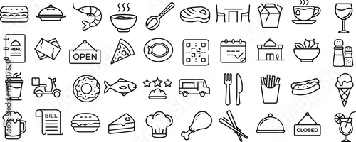 Restaurant icons set including food drinks and dining utensils on white background for design and decoration