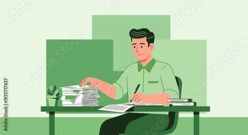 Young Man Working Diligently at His Desk Surrounded by Paperwork and Books