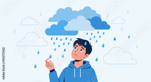 Young Man Caught In A Downpour With A Thoughtful Expression