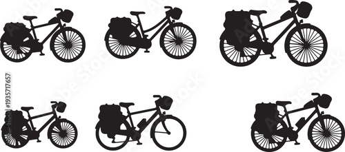 Set of 6 Touring Bicycle Silhouettes Vector isolated PNG with Transparent Background