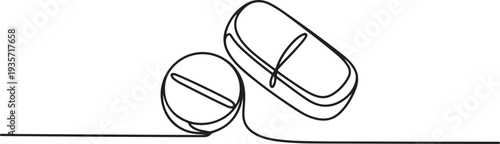 Continuous one line drawing of medical tablet and pill. Medical drugs, drug store, pharmacy , health and care simple outline.one line vector illustration with white background
