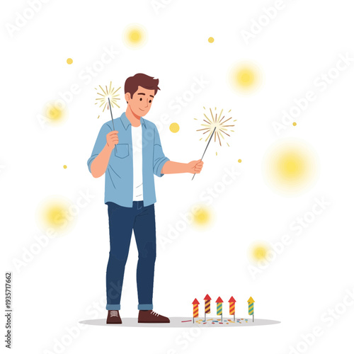 Young Man Celebrates with Sparklers and Fireworks