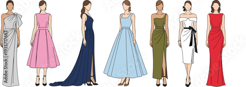 Vector illustration of female fashion models wearing various elegant evening dresses including gala gowns and cocktail attire in a colorful minimalist flat style.